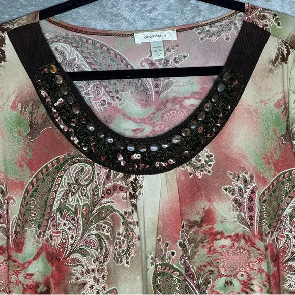 Dressbarn 22 24 2X Shirt Top Green Red Paisley 3/4 Sleeve Scoop Neck Embellished - Picture 3 of 7
